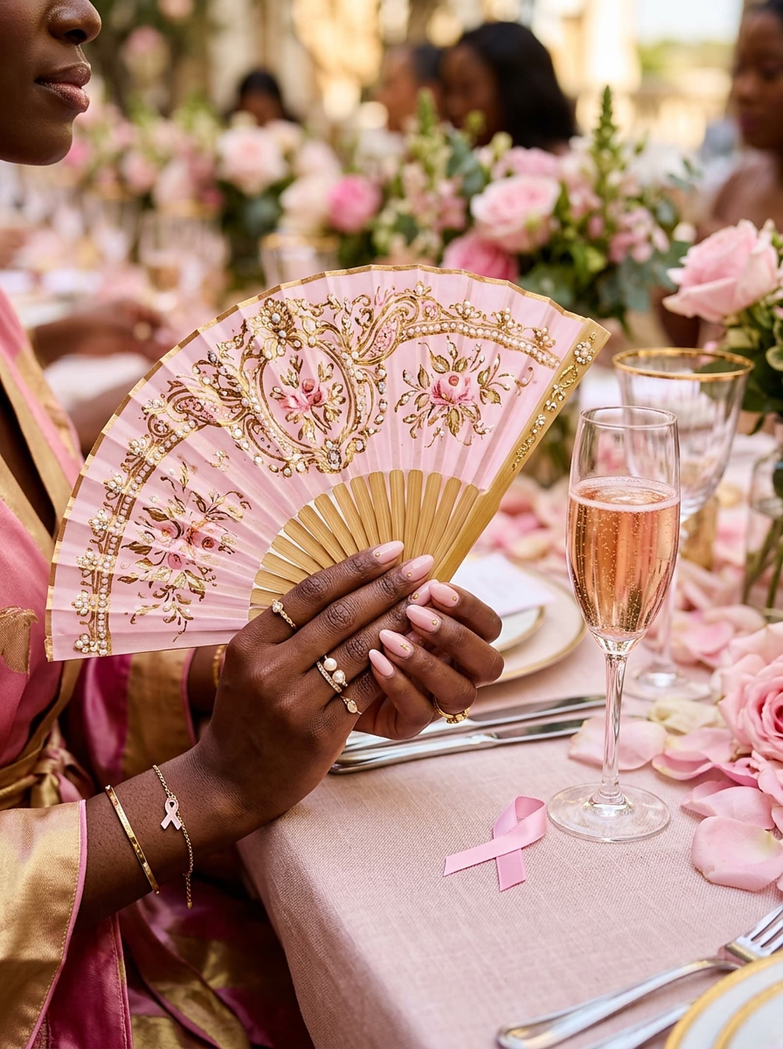 Détails haute couture, éventail brodé main et ruban officiel Octobre Rose