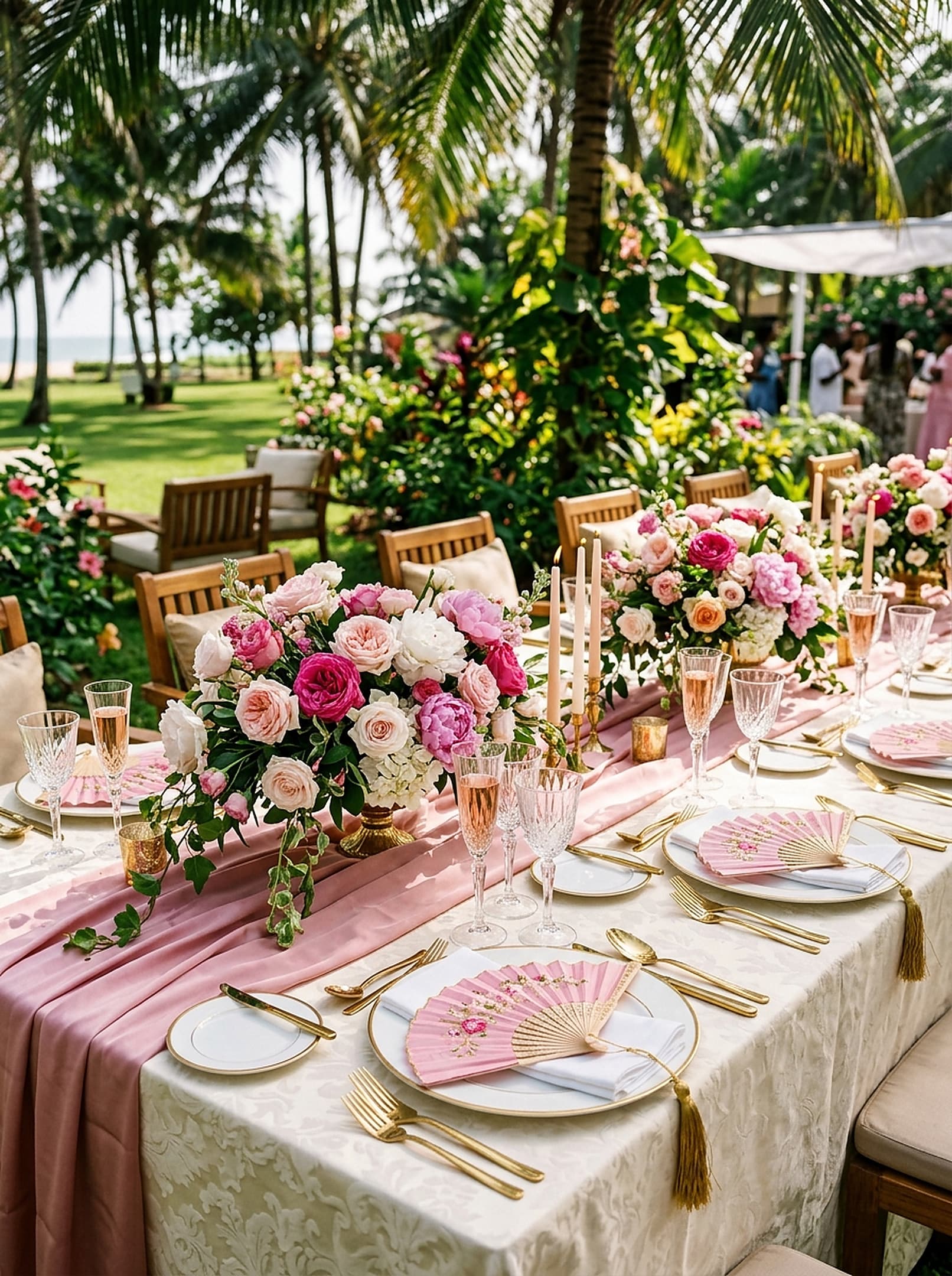 Table de banquet raffinée, vaisselle dorée et éventails roses, Pink Brunch